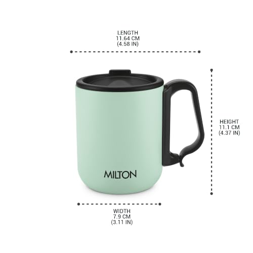 Image of MILTON Harbor Coffee Mug 300 Double Walled Non - Insulated | 300 ml Inner Stainless Steel Tea Mug with Lid & Handle | Hot & Cold | Coffee Mug Travel Tea Cup | Black Coffee | Tea Cup Single |Mint Green