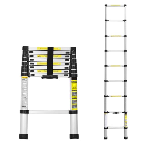 Cecaylie Escalera telescópica de 2,6 m, Escalera de Aluminio, Escalera Extensible con pies Antideslizantes, Escalera Multiusos para ático, Escalera de pie, portátil, Ligera, 150 kg de Capacidad de