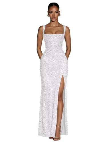 Meicuhap Sequin Mermaid Prom Dress with Slit Square Neck Sparkly Ruched Maxi Long Evening Dress for...