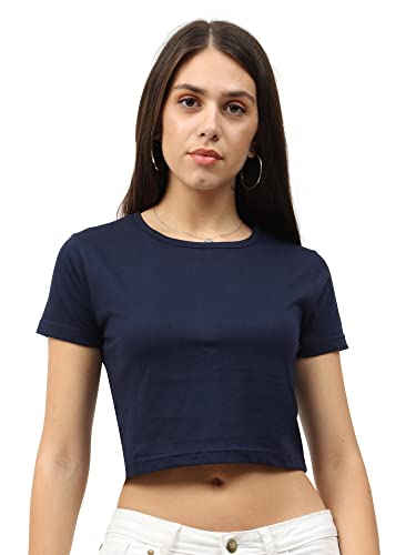 Image of FLEXIMAA Women's Cotton Plain Round Neck Half Sleeve Crop Top