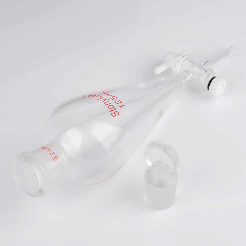 stonylab 125ml Imbuto Separatore con Rubinetto di Arresto in Vetro, Imbuto Laboratorio Conico a Forma di Pera con Parete Pesante in Vetro Borosilicato con Giunto 24/29, Separatory Funnel