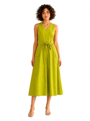 Image of PURVAJA Women's Fit & Flared Midi Length Sleeveless V-Neck Solid Dress
