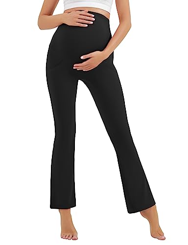 Hegaly Women'S Maternity Flare Leggings Over The Belly - Casual Pregnancy Yoga Pants With Pockets Buttery Soft Black thumb #3