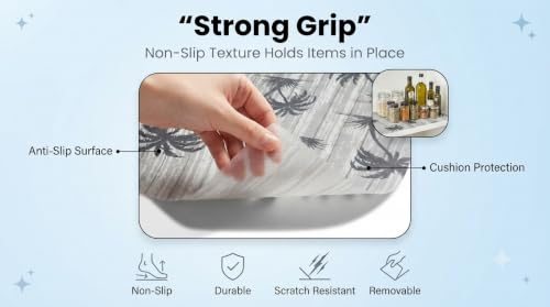Image of Dribble (45cm X 300cm) Eva Shelf Liner Mat Roll, Non Slip Drawer & Cabinet Liner for Kitchen, Waterproof Oilproof Washable Fridge Mat, Anti Skid Cupboard Wardrobe Multipurpose Mat (Palm Paradise Grey)