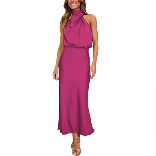 Daysskk Robe Rouge Rose Femme Soirée sans Manche Robe Satin Femme Longue Robe Femme Chic et Elégant Été Robe de Soirée Femme Longue Élégante Robe...