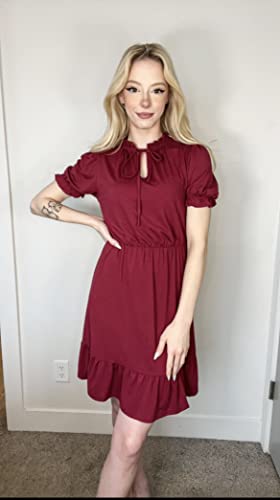 Grecerelle Women Casual Summer Dress Tie Neck Ruffle Short Sleeve High Waist A-Line Mini Dress(Wine Red, Large) #TOP6