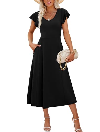 Sampeel Dresses for Women 2025 Ruffle Short Sleeve Cocktail Funeral Black Dress Bridal Shower Summer Outfits Graduation M