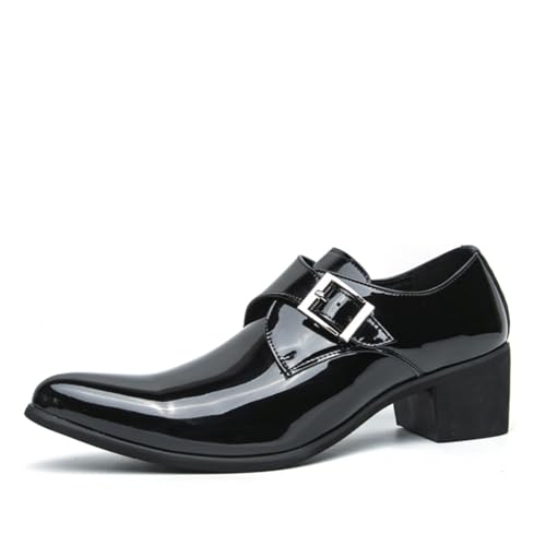 Men's Patent Leather Chunky Heels Dress Loafers with Monk Strap Modern Pointed Toe Tuxedo Oxford Shoes for Formal Business Office Church