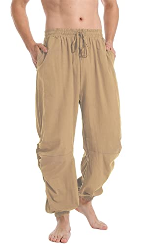 PACEIADTA Mens Cotton Linen Drawstring Pants Elastic Waist Casual Jogger Yoga Pants (40, Khaki)