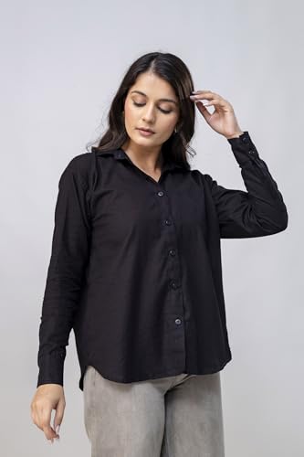 Image of Women's Linen Blend Shirt | Casual Collared Button Down Shirt for Women | Solid Color Full Sleeve Oversized Fit | Summer Casual & Office Wear Top