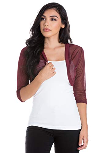 Image of Fashion Secrets Junior`s Sheer Chiffon Bolero Shrug Jacket Cardigan 3 /4 Sleeve (X Small, Burgundy /Wine)