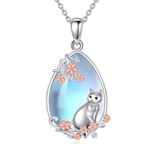 LUHE Moonstone Necklace 925 Sterling Silver Fox/Axolotl/Cat/Raccoon/Penguin/Frog/Panda/Highland Cow Pendant Necklace Animal Jewelry Gifts for Women