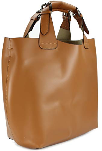 Belli italienische Damen Leder Handtasche Henkeltasche Schultertasche Cross Body - 41x32x15 (B x H x T) (Cognacbraun)