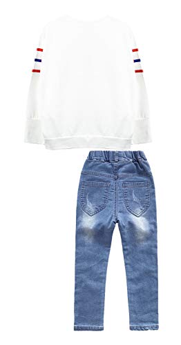 Image of Big Girls Letters Decor White Knitted Pullover Wahsed Flowers Embroidery Jeans Pants Set