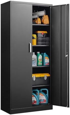 Oasecrilio Garage Storage Cabinet with 2 Lockable Doors, Adjustable Shelves Metal Storage Cabinet, Kitchen Pantry Storage Cabinet, Heavy-Duty Steel Cabinet for Home, 71'H, Black