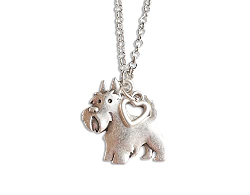 Scottie Dog Charm Necklace, Scottish Terrier Pet Lover Gift, Silver Metal with Heart Pendant on a Chain, Ladies I Love My Dog