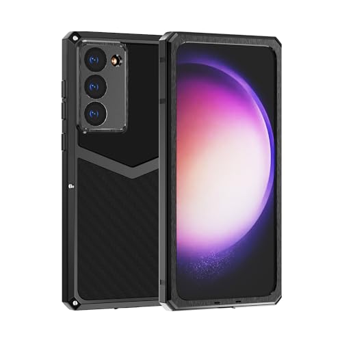 Luxury Carbon Fiber with Aluminum Case for Samsung Galaxy S22+ Plus, Military Shockproof Protective Armor Phone Cover with Tempered Glass Screen Protector Full Body Heavy Duty Drop Protection for Men