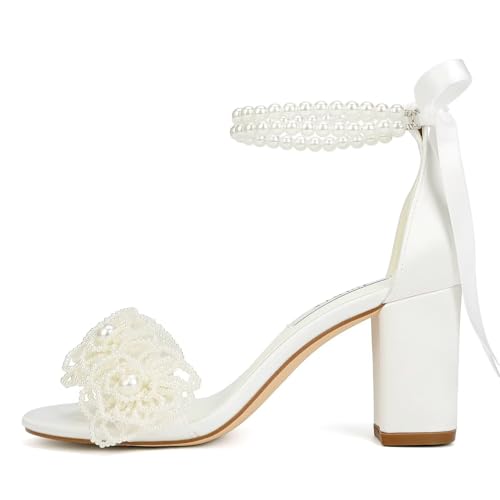 Pearl Wedding Heels Block Heel Wedding Shoes for Bride Open Toe Bridal Shoes Chunky Heeled Sandals3