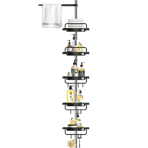 DYN Ptah 5 Tiers Corner Shower Caddy Tension Pole, Black Rustproof Shower Rack, Tall Tension Rod Shower Stand with 5 Shelves, 56 to 116 Inch Adjustable Free Standing Shower Organizer for Bathroom
