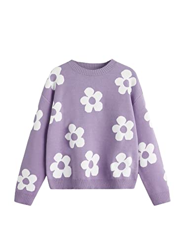 SHENHE Girl's Casual Flower Print Crewneck Long Sleeve Pullover Sweater Jumper Tops