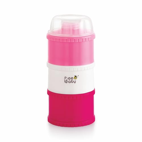 Image of BEEBABY Store and Feed Stackable Milk Powder Container. 3 Layer Multi-Storage, Multi-Functional Food and Milk Dispenser. 100% Bpa Free, Travel Friendly. 0 Months+ (Pink)