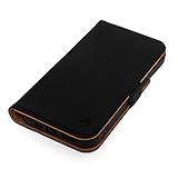 Porter Riley - iPhone 13 Mini(5.4インチ)対応レザーケースプレミアム本革ヌバックレザーブック/ウォレット/ブックケースカードスロットと水平スタンド付き(ブラック、タン)