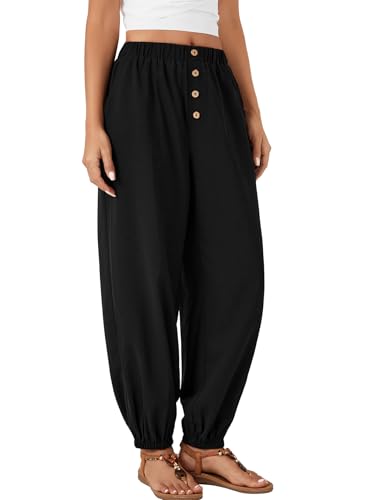 LYANER Women's Casual Elastic High Waist Buttons Decoration Baggy Loose Wide Leg Ankle Pants Black X-Large4