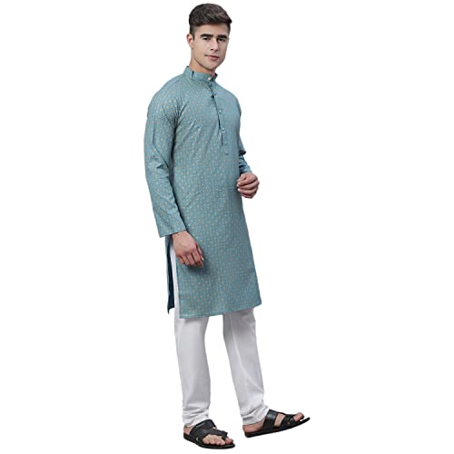 Image of SOJANYA (Since 1958 Men's Cotton Linen Blue Foil Printed Kurta and White Pyjama Set