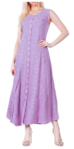 Image of Sakkas Maya Floral Embroidered Sleeveless Button Up Rayon Dress