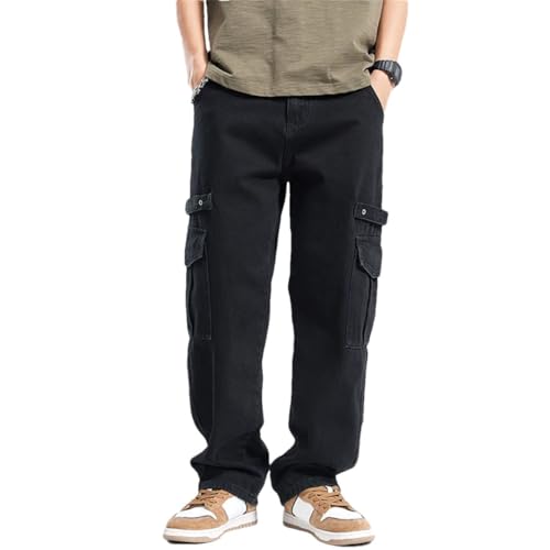 Men Loose Fit Baggy Pants Wide Leg Jeans Black Gray Streetwear Multi-Pockets Cargo Jeans