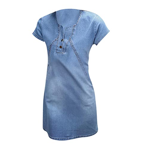 Harilla Mulheres Manga Curta Denim Dress Senhoras V Pescoço Botão Down Curto Jeans Saia Slim Fit - L