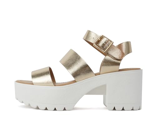 Image of Soda ACCOUNT ~ Women Open Toe Two Bands Lug sole Fashion Block Heel Sandals with Adjustable Ankle Strap