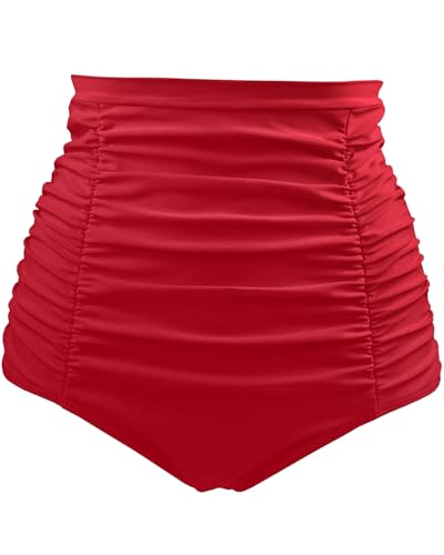 image for Tempt Me Women's High Waisted Swimsuit Bottom Red Tummy Control Ruched