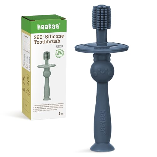 Image of haakaa 360° Baby Toothbrush with Suction Base - Gentle Cleaning for Infant Self-Brushing Training, Food-Grade Silicone, Adjustable Safety Shield - Steel Blue (1 Piece)
