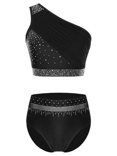 Jan Jean Women Lyrical Dance Outfits Rhinestones One Shoulder Crop Tops with Briefs Modern Ballet Dancewear Black Small