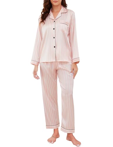 Reliwel Conjunto de Pijama Seda Mujer 2 Piezas Manga Larga con Botones Ropa de Dormir Satén Ropa de Noche Largo Pantalón Pijama Botones Mujer Loungewear S~XXL