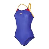 Speedo Damen Splice Thinstrap Racerback Swimsuit, blau (Ultramarine/Fluo Orange/ Lobster), 38 (Herstellergröße: 12/34)
