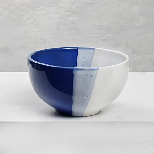 Image of The Earth Store Ceramic Handcrafted White Blue Dual Tone Soup Bowl for Vegetable Chutney Snacks Pasta Serving Bowl for Home Kitchen Dining Table, White Blue (Set of 2)