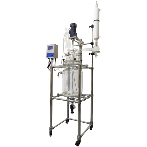 INTSUPERMAI 110V 20L Jacketed Glass Reactor, Double-Layer Chemical Reaction Vessel with Digital Display and Support Frame, Jacketed Reactor for Lab Chemistry Reaction Distillation