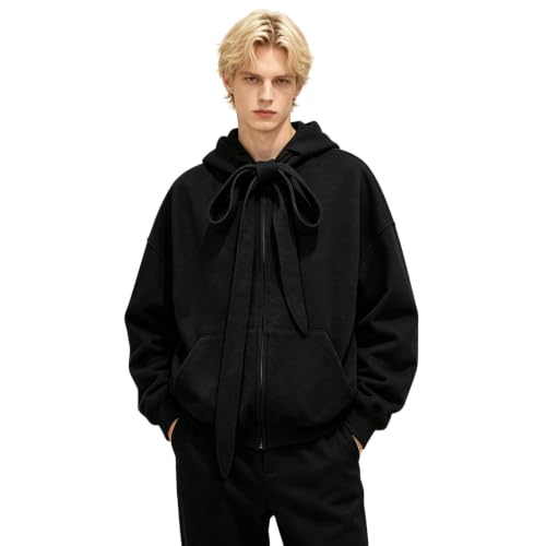 Sudadera con capucha para hombre con cremallera y forro polar negro gótico de manga larga