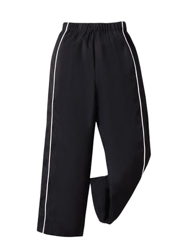 WDIRARA Girl's Elastic Waist Wide Leg Pants Contrast Trim Sweatpants with Pockets