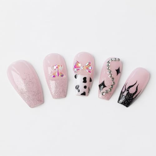 Image of Secret Lives Glossy 3D Artificial Nails with Bow - Black & White French Tip Flame Design Press-On Nails 24 Piece Set with Kit