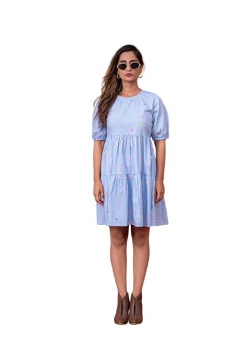 Image of Juniper Women's Sky Blue & White Striped Cotton Short Dress