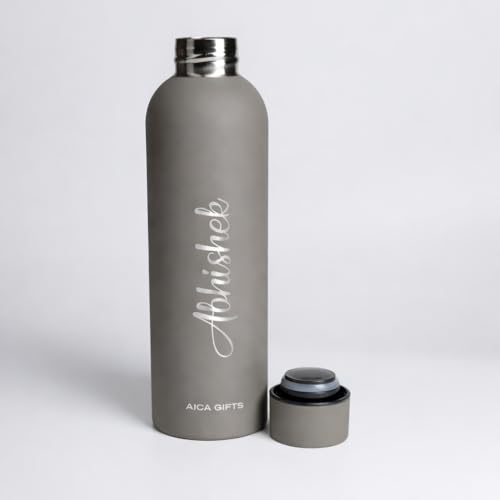Image of AICA Personalized Name Stainless Steel Water Bottle -500ml-12Hrs Hot & 18Hrs Cold (Grey) |Customised Gift For Man Woman Girl Boy