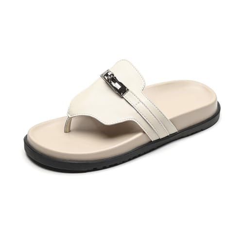 Women's Thick Soled Leather Sandals with Clipped Toes, Fashionable and Casual Buckle Flat Slippers(Apricot,5)