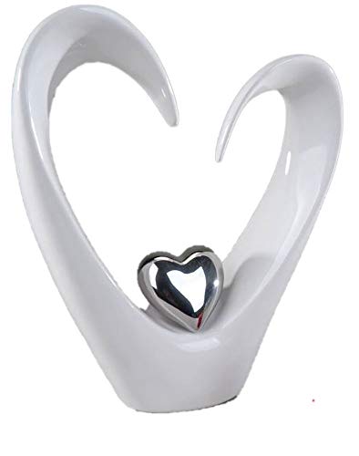 Moderne Deko-Herz Skulptur aus Keramik weiß/silber Höhe 33 cm
