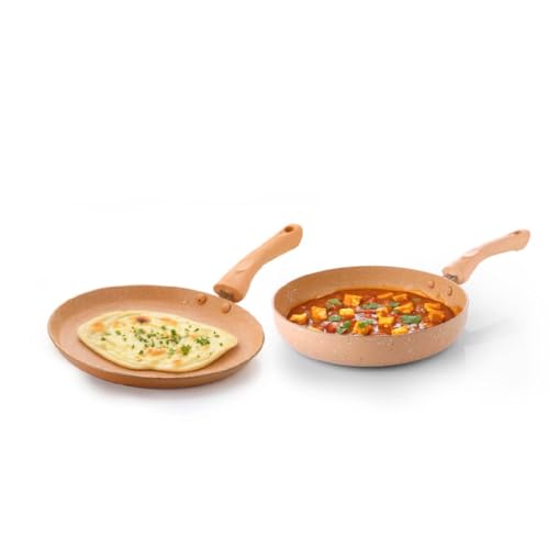 Image of Crystal Marbo Plus Induction Bottom 2 Pc Nonstick cookware Set | Tawa 250 mm + Fry Pan 225 mm | Thickness: 3mm | 5 Layer Coating | Metal Spoon Friendly | Colour - Sandalwood