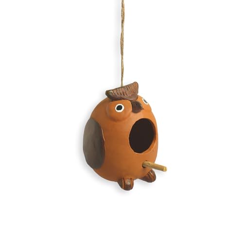 Image of ExclusiveLane 'Observant Owl' Terracotta Bird House for Garden Hanging & Balcony| Handmade & Handpainted Bird House for Sparrow Garden Decoration Items Outdoor (5.3 Inch, Brown)