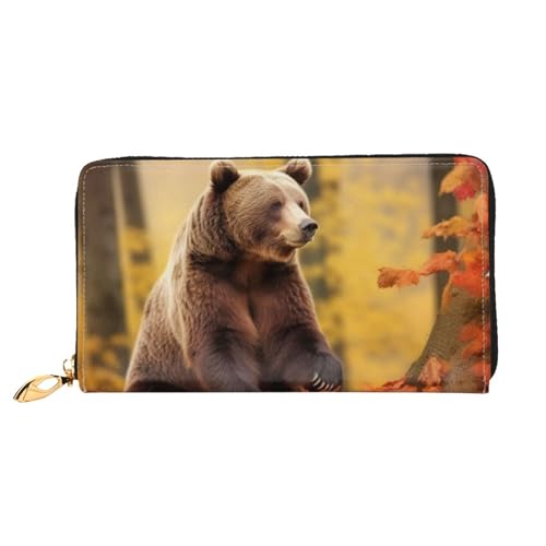 Brown Bear In Autumn Women Wallets Leather Zip Around Clutch Purses Waterproof Credit Card Holder With Phone Holder Ladies Travel Coin Purse