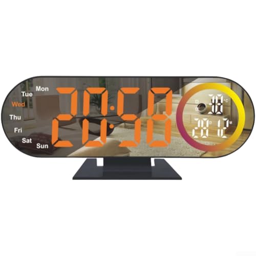 PureBowlic Reloj despertador de proyección LED para visualización de temperatura, reloj electrónico de espejo digital para luz nocturna multicolor, brillo ajustable, función de repetición para